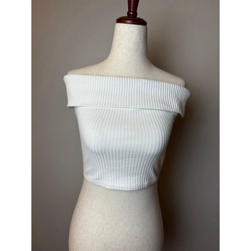 FOREVER 21 White Ribbed Off-Shoulder Crop Top S y2k preppy cute spring summer